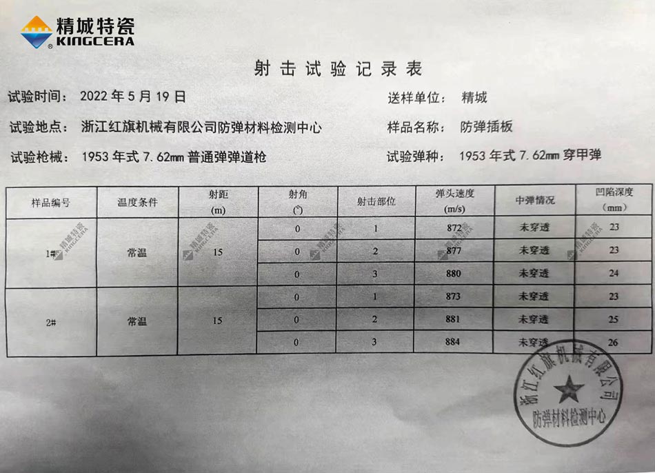 精城特瓷氧化鋁防彈插板射擊試驗記錄